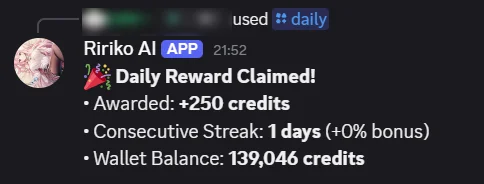The reply to /daily: the credits awarded, the streak and the new wallet balance.