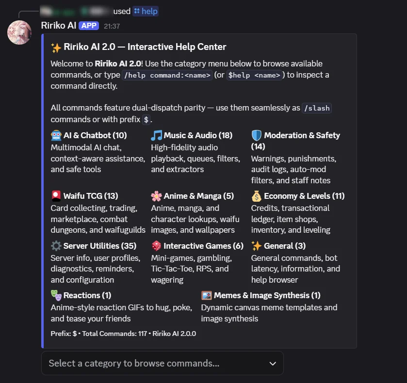 The Ririko Help Center: an embed that lists every command category with its number of commands, and a menu to pick a category.