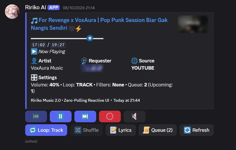 The live player message of Ririko in Discord: the track title, a progress bar, the requester and source, and buttons for loop, shuffle, lyrics and the queue.